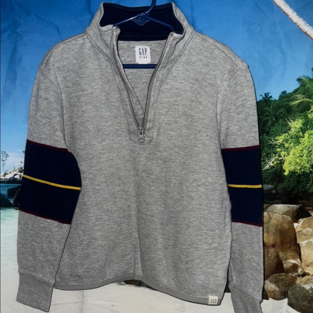 GAP Kids Gray Half-Zip Sweater with Navy and Yellow Stripes